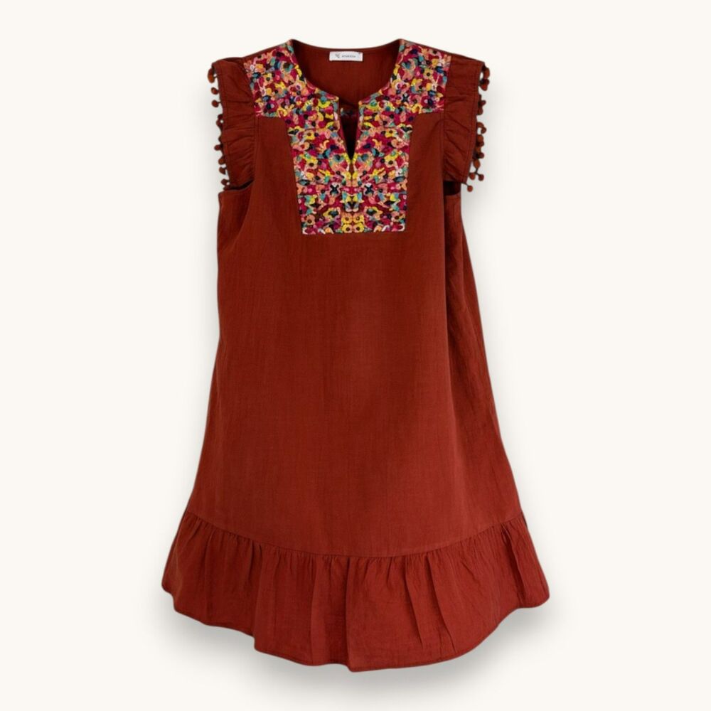 Kirundo Rust Mini Dress Boho Tribal Earthy Embroidery Pompoms Med